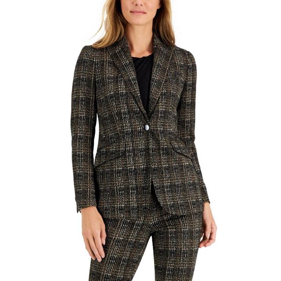 NWT Anne Klein Womens Plaid One-Button Jacket 10852417 0 Anne Black Combo - Picture 3 of 4